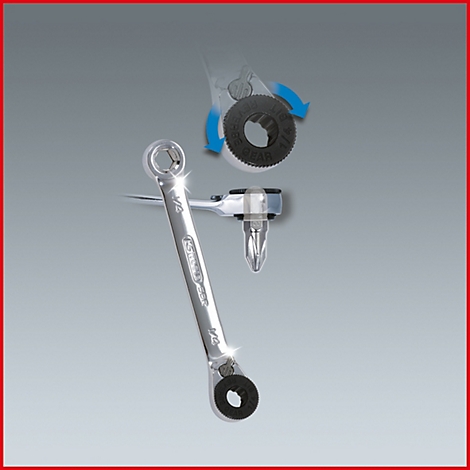 Chromfarbener Ratschenschlüssel und Bit-Aufsatz. Oben wird die Funktionsweise gezeigt. Schwarze Ringe.